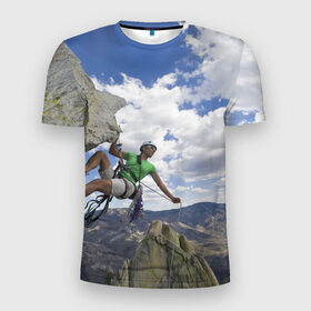 Мужская футболка 3D спортивная с принтом На пике славы в Тюмени, 100% полиэстер с улучшенными характеристиками | приталенный силуэт, круглая горловина, широкие плечи, сужается к линии бедра | Тематика изображения на принте: альпинист | горы | дерево | новинки | природа