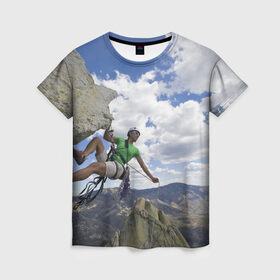 Женская футболка 3D с принтом На пике славы в Тюмени, 100% полиэфир ( синтетическое хлопкоподобное полотно) | прямой крой, круглый вырез горловины, длина до линии бедер | альпинист | горы | дерево | новинки | природа