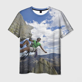Мужская футболка 3D с принтом На пике славы в Тюмени, 100% полиэфир | прямой крой, круглый вырез горловины, длина до линии бедер | альпинист | горы | дерево | новинки | природа