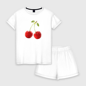 Женская пижама с шортиками хлопок с принтом Вишенки в Тюмени, 100% хлопок | футболка прямого кроя, шорты свободные с широкой мягкой резинкой | вишня | отдых | отпуск | тропик | фрукты | ягоды