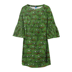 Детское платье 3D с принтом Грустные лягушки в Тюмени, 100% полиэстер | прямой силуэт, чуть расширенный к низу. Круглая горловина, на рукавах — воланы | Тематика изображения на принте: frog | mem | sad | мем