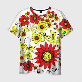 Мужская футболка 3D с принтом Хохлома 1 в Тюмени, 100% полиэфир | прямой крой, круглый вырез горловины, длина до линии бедер | деревня | жар | живопись | новинки | птица | русь | традиции | цветы