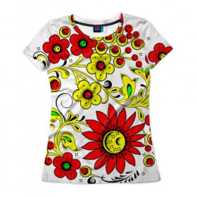 Женская футболка 3D с принтом Хохлома 1 в Тюмени, 100% полиэфир ( синтетическое хлопкоподобное полотно) | прямой крой, круглый вырез горловины, длина до линии бедер | деревня | жар | живопись | новинки | птица | русь | традиции | цветы