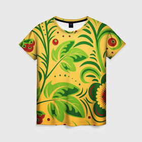 Женская футболка 3D с принтом Хохлома 5 в Тюмени, 100% полиэфир ( синтетическое хлопкоподобное полотно) | прямой крой, круглый вырез горловины, длина до линии бедер | деревня | жар | живопись | новинки | птица | русь | традиции | цветы