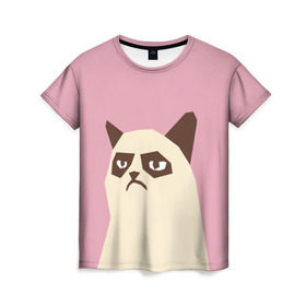 Женская футболка 3D с принтом Grumpy cat pink в Тюмени, 100% полиэфир ( синтетическое хлопкоподобное полотно) | прямой крой, круглый вырез горловины, длина до линии бедер | кот | мем | угрюмый