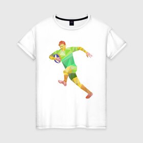 Женская футболка хлопок с принтом Регбист в Тюмени, 100% хлопок | прямой крой, круглый вырез горловины, длина до линии бедер, слегка спущенное плечо | геометрия | игра | кубок | мяч | полигональный | регби | спорт | футбол