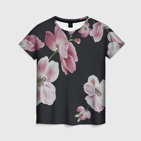 Женская футболка 3D с принтом Цветы на черном фоне в Тюмени, 100% полиэфир ( синтетическое хлопкоподобное полотно) | прямой крой, круглый вырез горловины, длина до линии бедер | растения | стиль | цветы