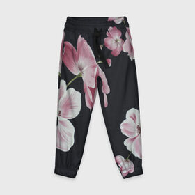 Детские брюки 3D с принтом Цветы на черном фоне в Тюмени, 100% полиэстер | манжеты по низу, эластичный пояс регулируется шнурком, по бокам два кармана без застежек, внутренняя часть кармана из мелкой сетки | растения | стиль | цветы