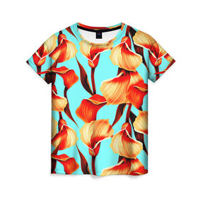 Женская футболка 3D с принтом Flower в Тюмени, 100% полиэфир ( синтетическое хлопкоподобное полотно) | прямой крой, круглый вырез горловины, длина до линии бедер | Тематика изображения на принте: паттерн | цветы | яркий