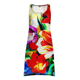 Платье-майка 3D с принтом Тюльпаны в Тюмени, 100% полиэстер | полуприлегающий силуэт, широкие бретели, круглый вырез горловины, удлиненный подол сзади. | букет | цветы | яркие
