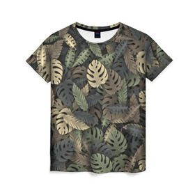 Женская футболка 3D с принтом Тропический камуфляж в Тюмени, 100% полиэфир ( синтетическое хлопкоподобное полотно) | прямой крой, круглый вырез горловины, длина до линии бедер | джунгли | камуфляж | листья | милитари | монстера | пальма | природа