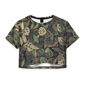 Женская футболка 3D укороченная с принтом Тропический камуфляж в Тюмени, 100% полиэстер | круглая горловина, длина футболки до линии талии, рукава с отворотами | джунгли | камуфляж | листья | милитари | монстера | пальма | природа
