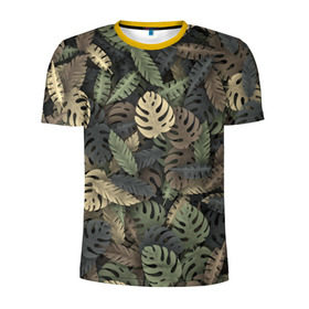 Мужская футболка 3D спортивная с принтом Тропический камуфляж в Тюмени, 100% полиэстер с улучшенными характеристиками | приталенный силуэт, круглая горловина, широкие плечи, сужается к линии бедра | Тематика изображения на принте: джунгли | камуфляж | листья | милитари | монстера | пальма | природа