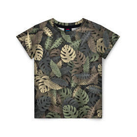 Детская футболка 3D с принтом Тропический камуфляж в Тюмени, 100% гипоаллергенный полиэфир | прямой крой, круглый вырез горловины, длина до линии бедер, чуть спущенное плечо, ткань немного тянется | джунгли | камуфляж | листья | милитари | монстера | пальма | природа