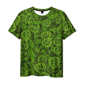 Мужская футболка 3D с принтом Тропические листья в Тюмени, 100% полиэфир | прямой крой, круглый вырез горловины, длина до линии бедер | джунгли | монстера | пальма | растения | тропики
