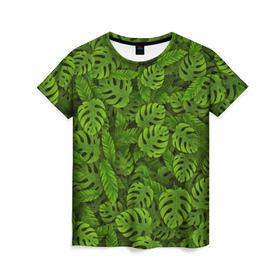 Женская футболка 3D с принтом Тропические листья в Тюмени, 100% полиэфир ( синтетическое хлопкоподобное полотно) | прямой крой, круглый вырез горловины, длина до линии бедер | джунгли | монстера | пальма | растения | тропики