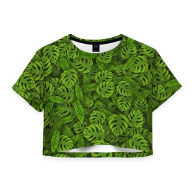 Женская футболка 3D укороченная с принтом Тропические листья в Тюмени, 100% полиэстер | круглая горловина, длина футболки до линии талии, рукава с отворотами | джунгли | монстера | пальма | растения | тропики