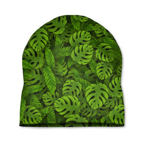 Шапка 3D с принтом Тропические листья в Тюмени, 100% полиэстер | универсальный размер, печать по всей поверхности изделия | Тематика изображения на принте: джунгли | монстера | пальма | растения | тропики
