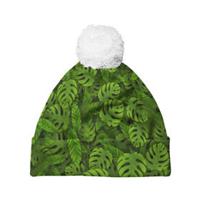 Шапка 3D c помпоном с принтом Тропические листья в Тюмени, 100% полиэстер | универсальный размер, печать по всей поверхности изделия | джунгли | монстера | пальма | растения | тропики