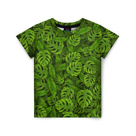 Детская футболка 3D с принтом Тропические листья в Тюмени, 100% гипоаллергенный полиэфир | прямой крой, круглый вырез горловины, длина до линии бедер, чуть спущенное плечо, ткань немного тянется | Тематика изображения на принте: джунгли | монстера | пальма | растения | тропики