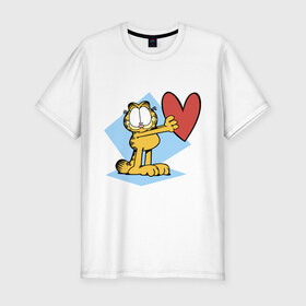 Мужская футболка премиум с принтом Гарфилд в Тюмени, 92% хлопок, 8% лайкра | приталенный силуэт, круглый вырез ворота, длина до линии бедра, короткий рукав | Тематика изображения на принте: гарфилд | знак | кот | мультфильм