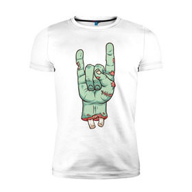 Мужская футболка премиум с принтом Zombie Rock Hand в Тюмени, 92% хлопок, 8% лайкра | приталенный силуэт, круглый вырез ворота, длина до линии бедра, короткий рукав | Тематика изображения на принте: halloween | zombie | zombie hand | зомби | хэллоуин