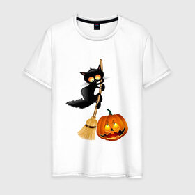 Мужская футболка хлопок с принтом Хэллоуин в Тюмени, 100% хлопок | прямой крой, круглый вырез горловины, длина до линии бедер, слегка спущенное плечо. | приведения | тыква | хэллоуин