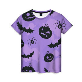 Женская футболка 3D с принтом Хэллоуин узор в Тюмени, 100% полиэфир ( синтетическое хлопкоподобное полотно) | прямой крой, круглый вырез горловины, длина до линии бедер | Тематика изображения на принте: halloween | летучая мышь | паук | праздник | привидение | тыква | хэллоуин