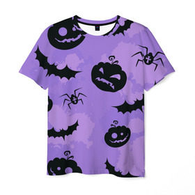 Мужская футболка 3D с принтом Хэллоуин узор в Тюмени, 100% полиэфир | прямой крой, круглый вырез горловины, длина до линии бедер | Тематика изображения на принте: halloween | летучая мышь | паук | праздник | привидение | тыква | хэллоуин