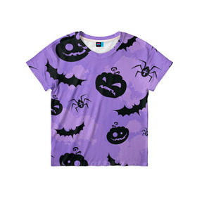 Детская футболка 3D с принтом Хэллоуин узор в Тюмени, 100% гипоаллергенный полиэфир | прямой крой, круглый вырез горловины, длина до линии бедер, чуть спущенное плечо, ткань немного тянется | Тематика изображения на принте: halloween | летучая мышь | паук | праздник | привидение | тыква | хэллоуин