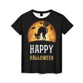 Женская футболка 3D с принтом Чёрный кот в Тюмени, 100% полиэфир ( синтетическое хлопкоподобное полотно) | прямой крой, круглый вырез горловины, длина до линии бедер | halloween | ведьма | кошка | праздник | привидение | тыква | хэллоуин