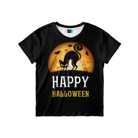 Детская футболка 3D с принтом Чёрный кот в Тюмени, 100% гипоаллергенный полиэфир | прямой крой, круглый вырез горловины, длина до линии бедер, чуть спущенное плечо, ткань немного тянется | halloween | ведьма | кошка | праздник | привидение | тыква | хэллоуин