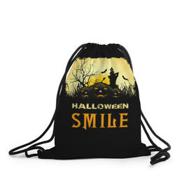 Рюкзак-мешок 3D с принтом Smile в Тюмени, 100% полиэстер | плотность ткани — 200 г/м2, размер — 35 х 45 см; лямки — толстые шнурки, застежка на шнуровке, без карманов и подкладки | halloween | замок | летучая мышь | луна | праздник | привидение | тыква | хэллоуин