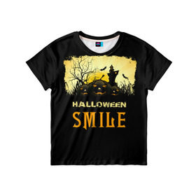 Детская футболка 3D с принтом Smile в Тюмени, 100% гипоаллергенный полиэфир | прямой крой, круглый вырез горловины, длина до линии бедер, чуть спущенное плечо, ткань немного тянется | Тематика изображения на принте: halloween | замок | летучая мышь | луна | праздник | привидение | тыква | хэллоуин