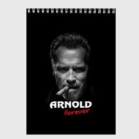 Скетчбук с принтом Arnold forever в Тюмени, 100% бумага
 | 48 листов, плотность листов — 100 г/м2, плотность картонной обложки — 250 г/м2. Листы скреплены сверху удобной пружинной спиралью | Тематика изображения на принте: актёр | арнольд шварценеггер | боевик | звезда | киногерой | супергерой | терминатор