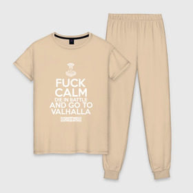 Женская пижама хлопок с принтом Fuck Calm в Тюмени, 100% хлопок | брюки и футболка прямого кроя, без карманов, на брюках мягкая резинка на поясе и по низу штанин | keep calm | valhalla | vikings | вальхалла | викинги