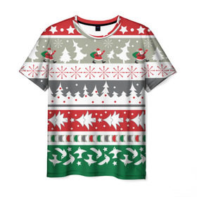 Мужская футболка 3D с принтом Новогодний орнамент в Тюмени, 100% полиэфир | прямой крой, круглый вырез горловины, длина до линии бедер | дед мороз | елка | новогодний орнамент | подарок на новый год | праздник | снеговик | снежинки