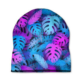 Шапка 3D с принтом Сине-розовые тропики в Тюмени, 100% полиэстер | универсальный размер, печать по всей поверхности изделия | джунгли | листья | монстера | пальма | психоделический | текстура | тропики