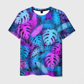 Мужская футболка 3D с принтом Сине-розовые тропики в Тюмени, 100% полиэфир | прямой крой, круглый вырез горловины, длина до линии бедер | Тематика изображения на принте: джунгли | листья | монстера | пальма | психоделический | текстура | тропики