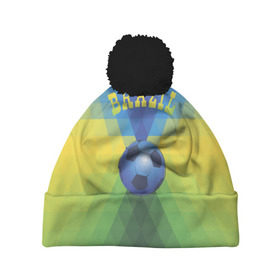 Шапка 3D c помпоном с принтом Бразилия в Тюмени, 100% полиэстер | универсальный размер, печать по всей поверхности изделия | бразилия | геометрия | игра | кубок | мяч | полигональный | спорт | футбол