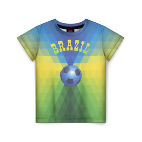Детская футболка 3D с принтом Бразилия в Тюмени, 100% гипоаллергенный полиэфир | прямой крой, круглый вырез горловины, длина до линии бедер, чуть спущенное плечо, ткань немного тянется | Тематика изображения на принте: бразилия | геометрия | игра | кубок | мяч | полигональный | спорт | футбол