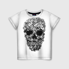 Детская футболка 3D с принтом Череп в Тюмени, 100% гипоаллергенный полиэфир | прямой крой, круглый вырез горловины, длина до линии бедер, чуть спущенное плечо, ткань немного тянется | скелет. скилет | ужас | хеллоуин | череп. кости | черепушка | черно белый