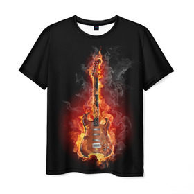 Мужская футболка 3D с принтом Адская гитара в Тюмени, 100% полиэфир | прямой крой, круглый вырез горловины, длина до линии бедер | ад | арт | дым | музыка | новинки | огонь | пламя | популярные | энергия | яркие