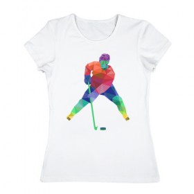Женская футболка хлопок с принтом Хоккеист в Тюмени, 100% хлопок | прямой крой, круглый вырез горловины, длина до линии бедер, слегка спущенное плечо | геометрия | клюшка | полигонал | хл | хоккеист | шайба
