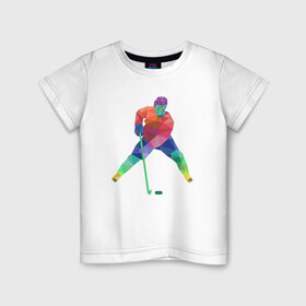 Детская футболка хлопок с принтом Хоккеист в Тюмени, 100% хлопок | круглый вырез горловины, полуприлегающий силуэт, длина до линии бедер | геометрия | клюшка | полигонал | хл | хоккеист | шайба