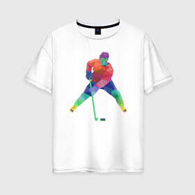 Женская футболка хлопок Oversize с принтом Хоккеист в Тюмени, 100% хлопок | свободный крой, круглый ворот, спущенный рукав, длина до линии бедер
 | геометрия | клюшка | полигонал | хл | хоккеист | шайба