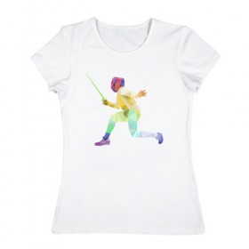 Женская футболка хлопок с принтом Фехтовальщик в Тюмени, 100% хлопок | прямой крой, круглый вырез горловины, длина до линии бедер, слегка спущенное плечо | геометрия | полигонал | спорт | фехтовальщик | шпага