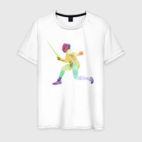 Мужская футболка хлопок с принтом Фехтовальщик в Тюмени, 100% хлопок | прямой крой, круглый вырез горловины, длина до линии бедер, слегка спущенное плечо. | геометрия | полигонал | спорт | фехтовальщик | шпага