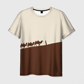 Мужская футболка 3D с принтом Пустыня в Тюмени, 100% полиэфир | прямой крой, круглый вырез горловины, длина до линии бедер | верблюды | коричневый