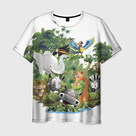 Мужская футболка 3D с принтом Веселые джунгли в Тюмени, 100% полиэфир | прямой крой, круглый вырез горловины, длина до линии бедер | Тематика изображения на принте: животные | зоо | новинки | пальма | парк | яркие